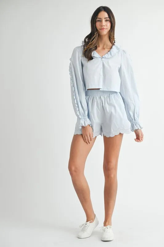 MABLE Long Sleeve Scallop Blouse and Shorts Set Outfit Sets