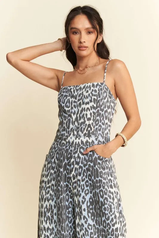 Davi & Dani Leopard Spaghetti Straps Wide Leg Jumpsuit Jumpsuits