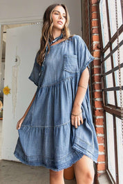 Mittoshop Washed Chambray Denim Oversized Tier Mini Dress