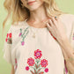 Umgee beige linen blend top with red pink floral embroidery