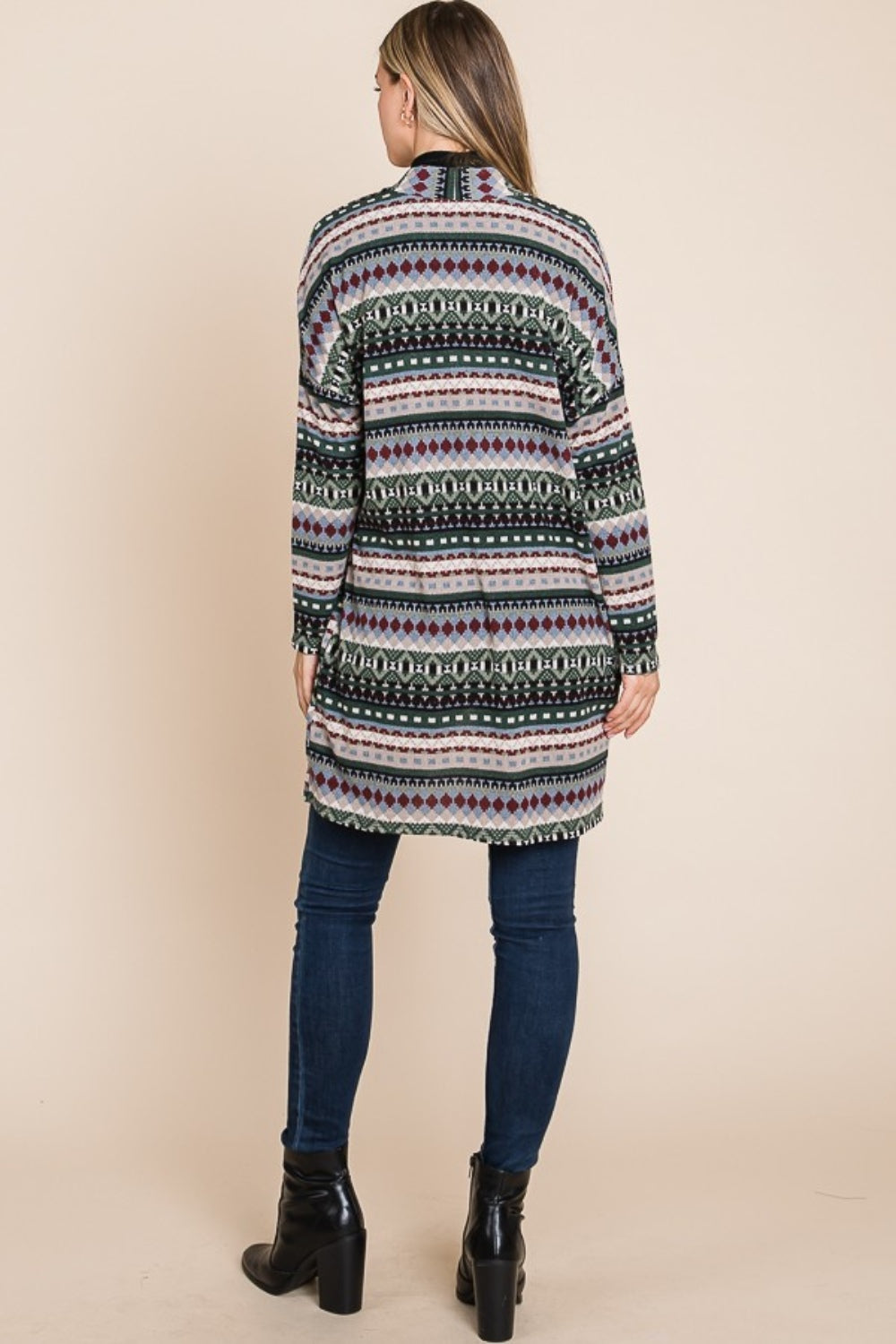 BOMBOM Geometric Open Front Long Sleeve Cardigan with Pockets | Daverri Fashions