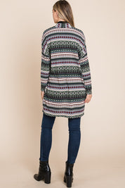 BOMBOM Geometric Open Front Long Sleeve Cardigan with Pockets | Daverri Fashions
