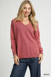 MAUVE Umgee V-Neck High Low Hem Knit Top with Side Slit | Knit Tops Daverri Fashions