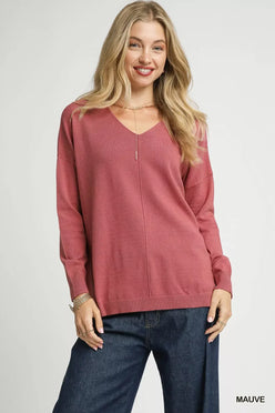 Umgee V-Neck High Low Hem Knit Top with Side Slit - DAVERRI FASHIONS