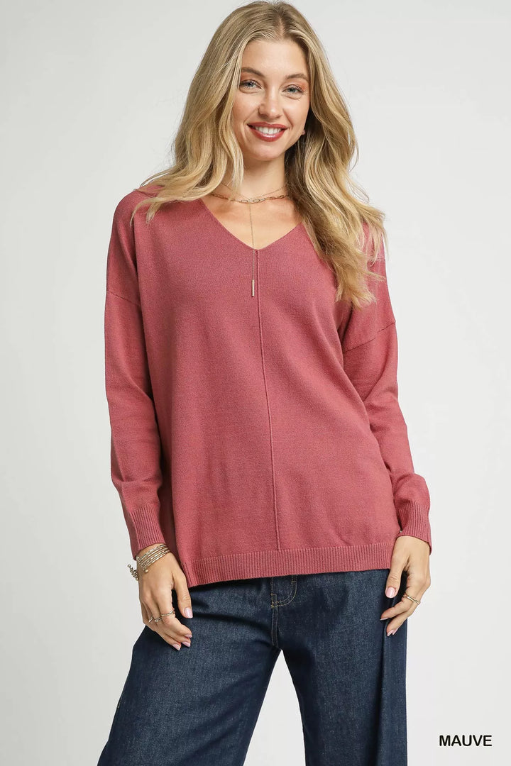 MAUVE Umgee V-Neck High Low Hem Knit Top with Side Slit | Knit Tops Daverri Fashions
