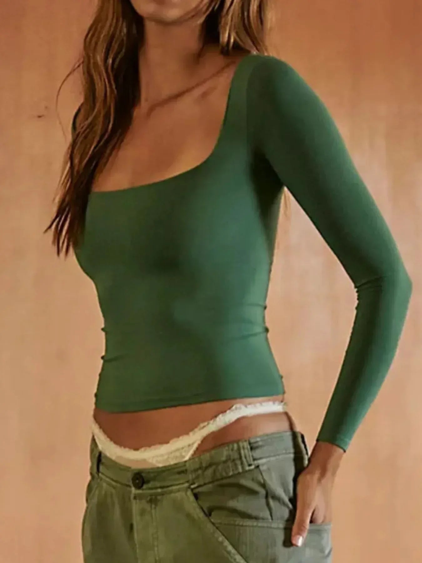 Square Neck Fitted Long Sleeve T-Shirt - DAVERRI FASHIONS