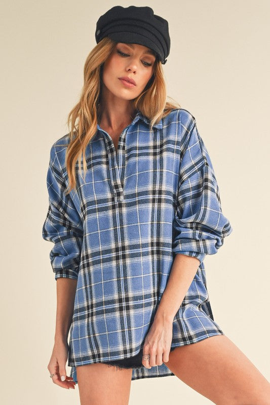 Aemi + Co Side Slit High-Low Plaid Long Sleeve Polo Shirt Skies Shirts