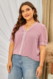 Plus Size Swiss Dot Spliced Lace V-Neck Blouse | Blouses Daverri Fashions