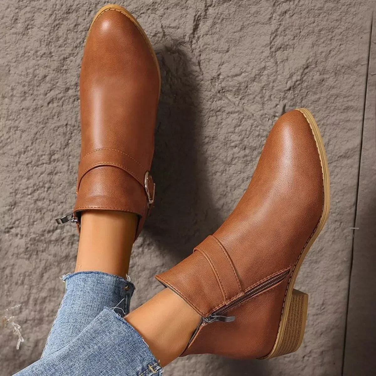 Side Zip Point Toe Block Heeled Ankle Boots - DAVERRI FASHIONS