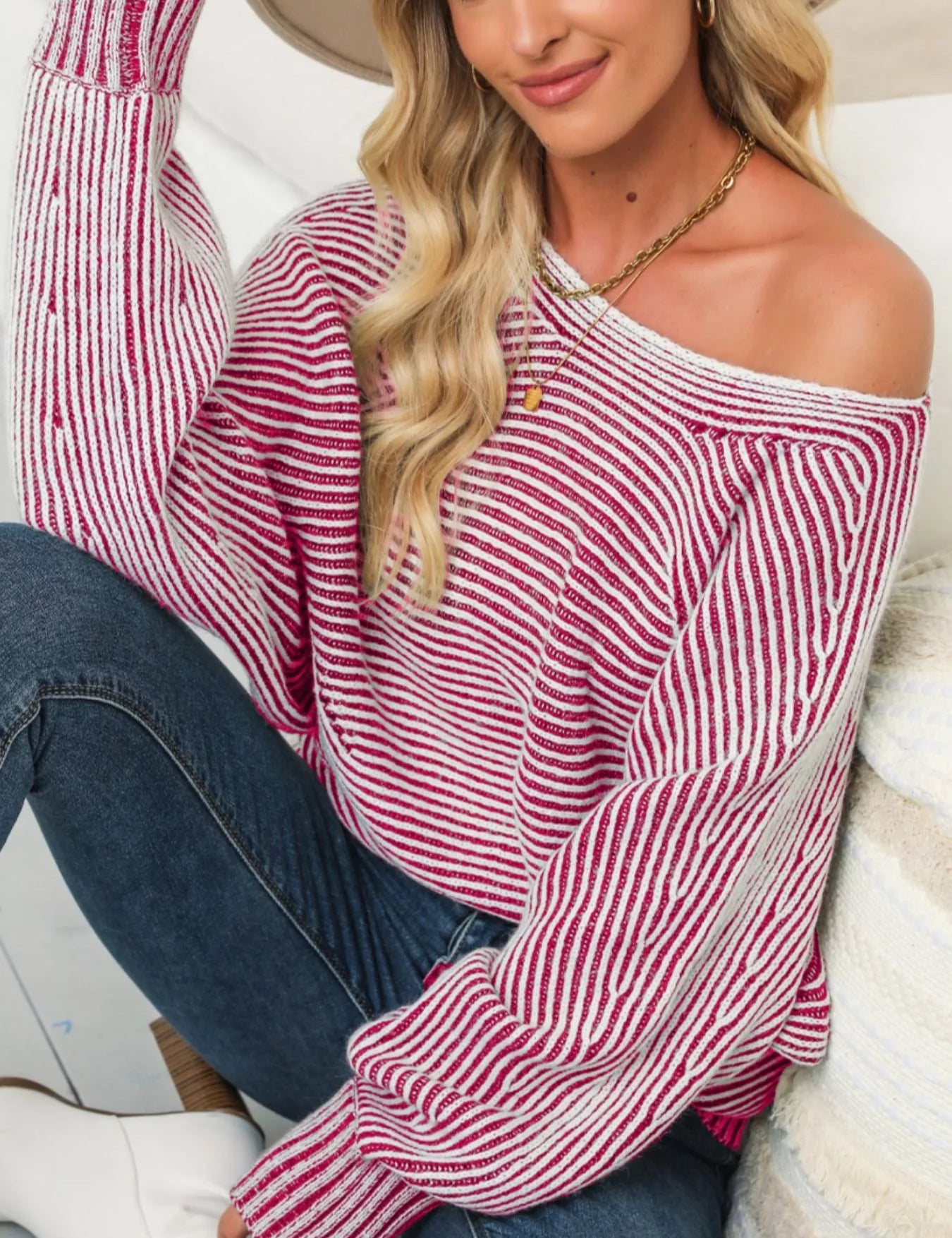 Striped Boat Neck Casual Sweater | Sweaters Daverri Fashions