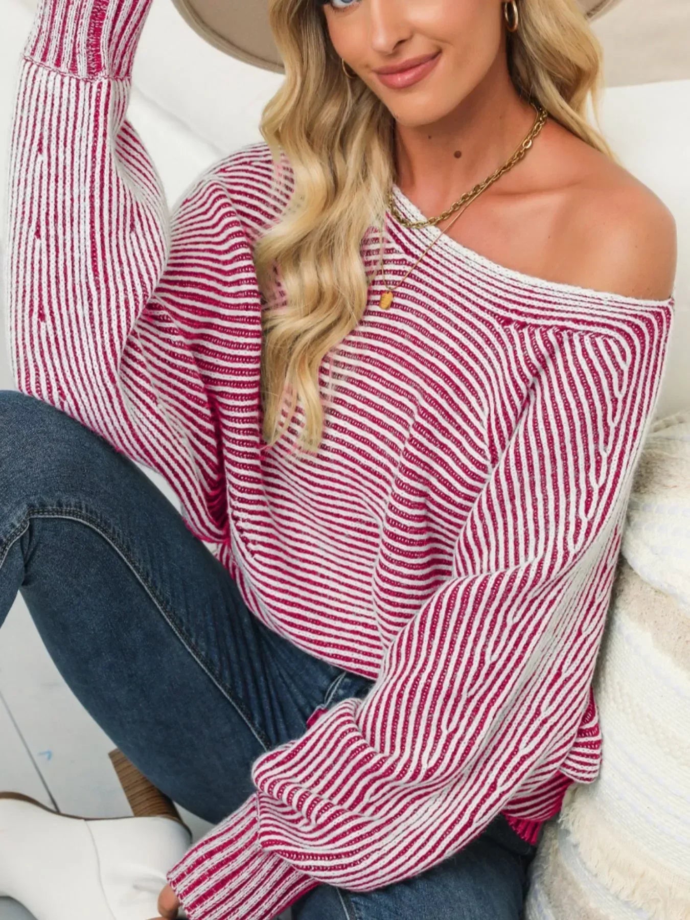 Striped Boat Neck Casual Sweater - DAVERRI FASHIONS