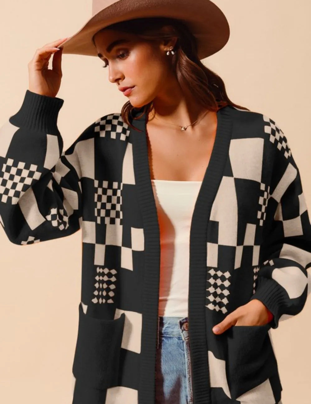 BLACK OATMEAL SO ME Checkered Open Front Cardigan with Pockets | Cardigans Daverri Fashions