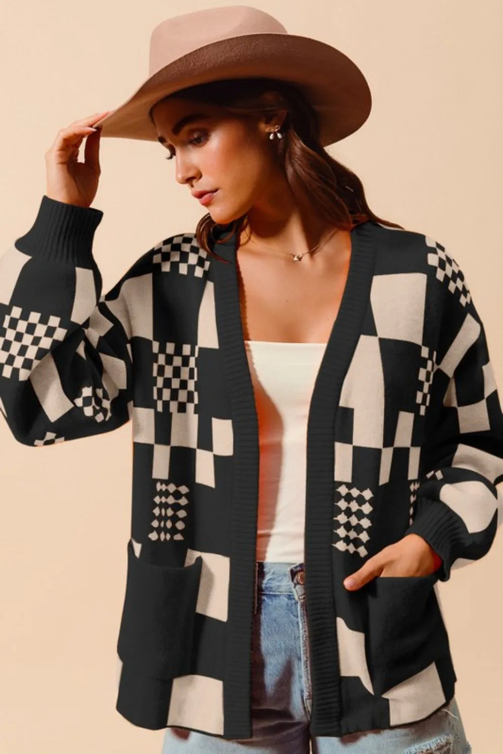 SO ME Checkered Open Front Cardigan with Pockets BLACK OATMEAL Cardigans