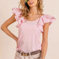BiBi Wide Layered Ruffle Sleeve Scoop Neck Ribbed Top Tops