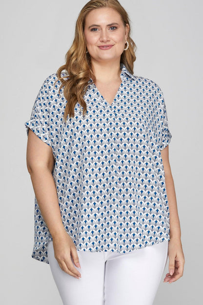 She + Sky Full Size Printed Johnny Collar Short Sleeve Blouse Plus Size - DAVERRI FASHIONS