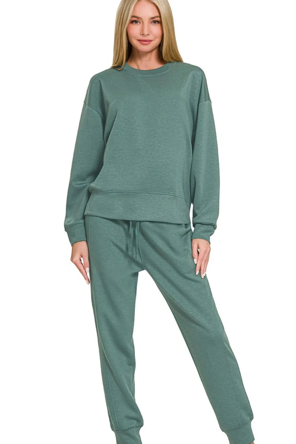 Zenana Scuba Crewneck Pullover & Joggers 2 Pieces Set ASH JADE Sweatsuits