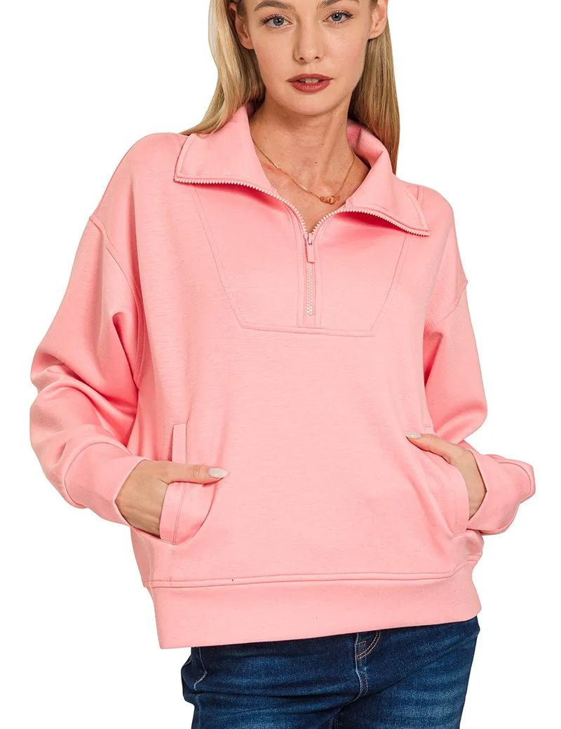 Zenana Scuba Half Zip Sweatshirt with Pockets | Sweatshirts Daverri Fashions
