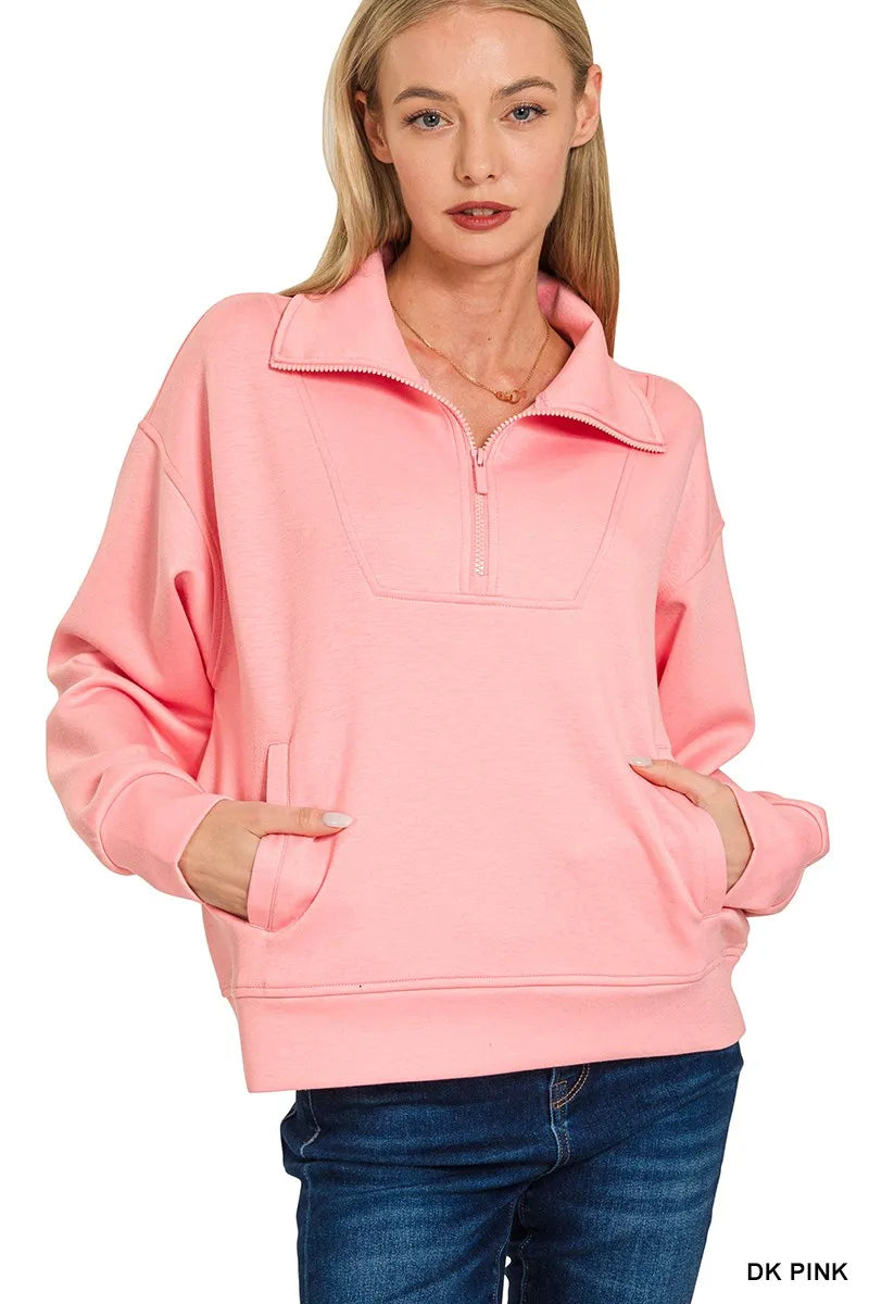 Zenana Scuba Half Zip Sweatshirt with Pockets | Sweatshirts Daverri Fashions