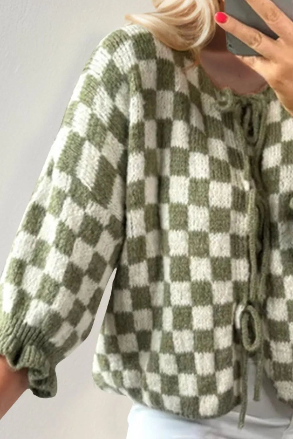 Double Take Tied Checkered Dropped Shoulder Flounce Sleeve Cardigan | Cardigans Daverri Fashions