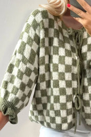 Double Take Tied Checkered Dropped Shoulder Flounce Sleeve Cardigan | Cardigans Daverri Fashions