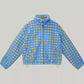 Daverri Plaid Zip Up Sherpa Jacket in blue and yellow polka-dot fleece