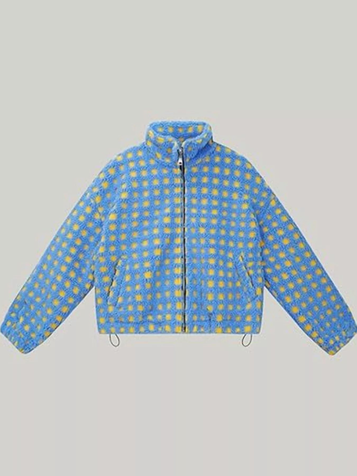 Daverri Plaid Zip Up Sherpa Jacket in blue and yellow polka-dot fleece