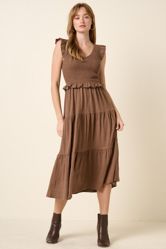 Mittoshop Brown Smocked Ruffled Tiered Midi Dress Brown Mid Dresses