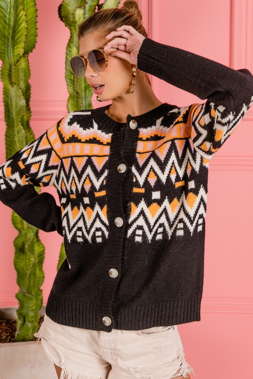 BiBi Ethnic Pattern Button Up Knit Cardigan Cardigans