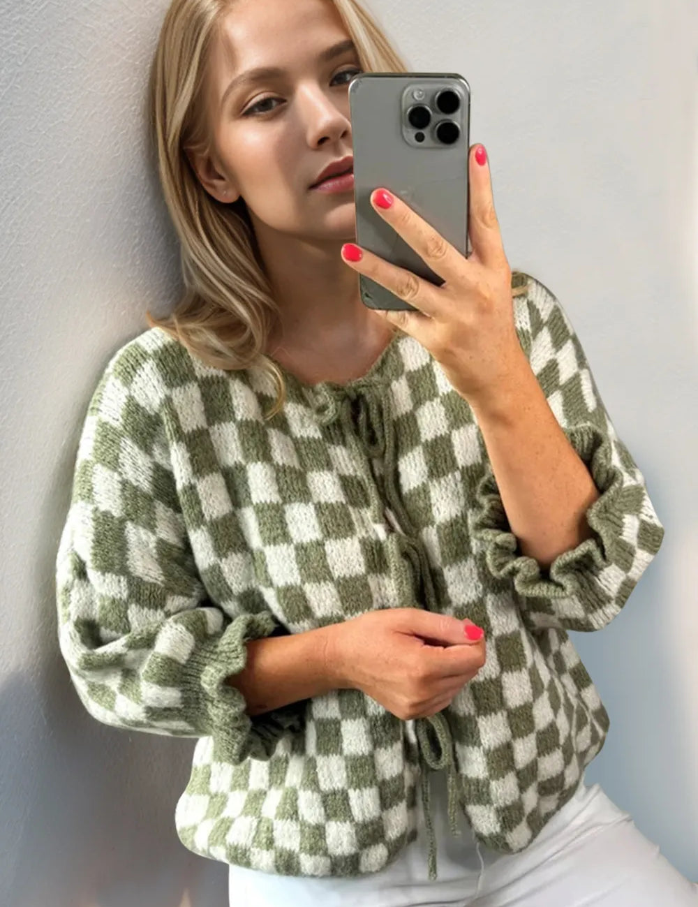 Matcha Green Double Take Tied Checkered Dropped Shoulder Flounce Sleeve Cardigan | Cardigans Daverri Fashions