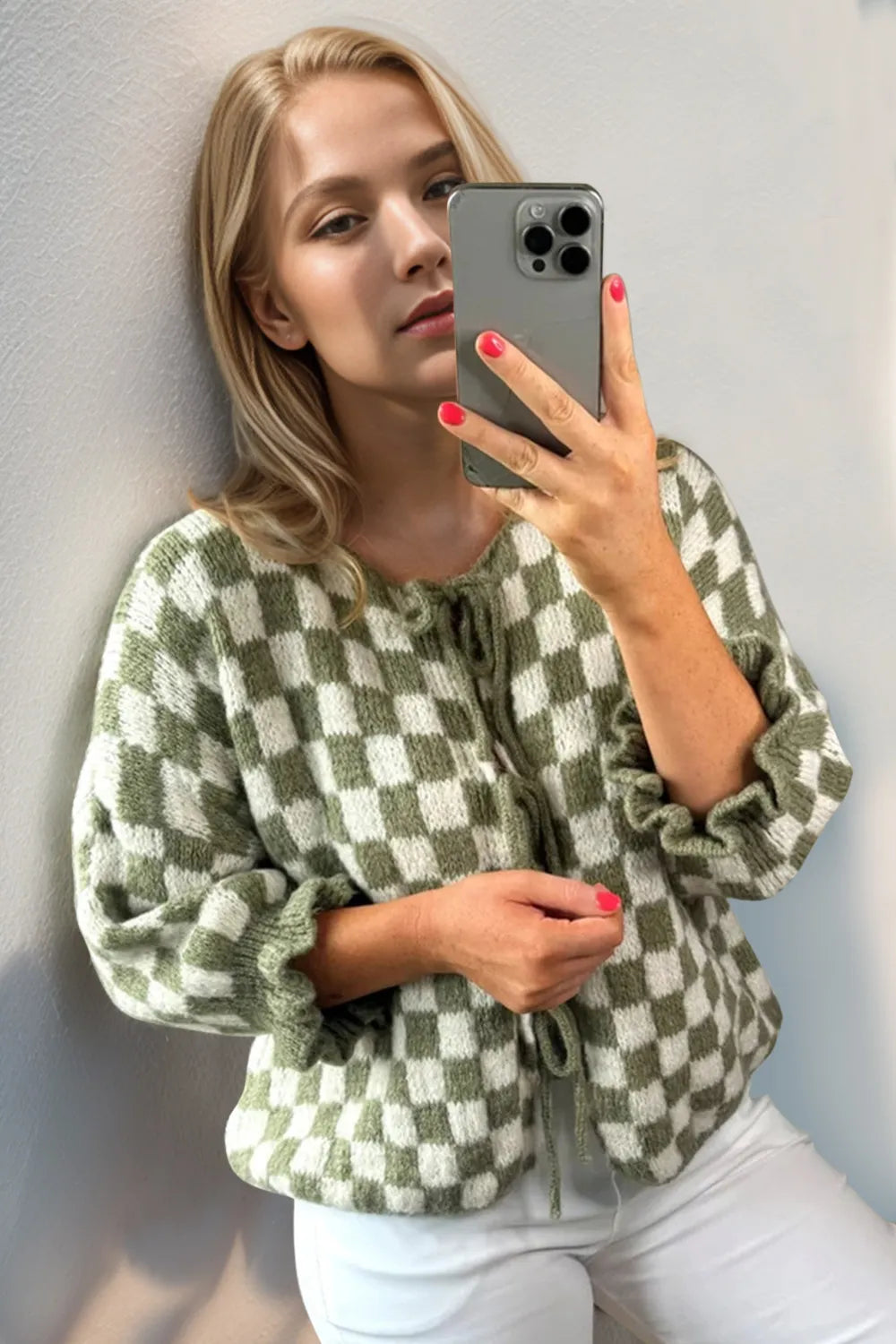 Matcha Green Double Take Tied Checkered Dropped Shoulder Flounce Sleeve Cardigan | Cardigans Daverri Fashions