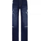 Distressed loose fit jeans in dark blue denim with ripped thighs and knees