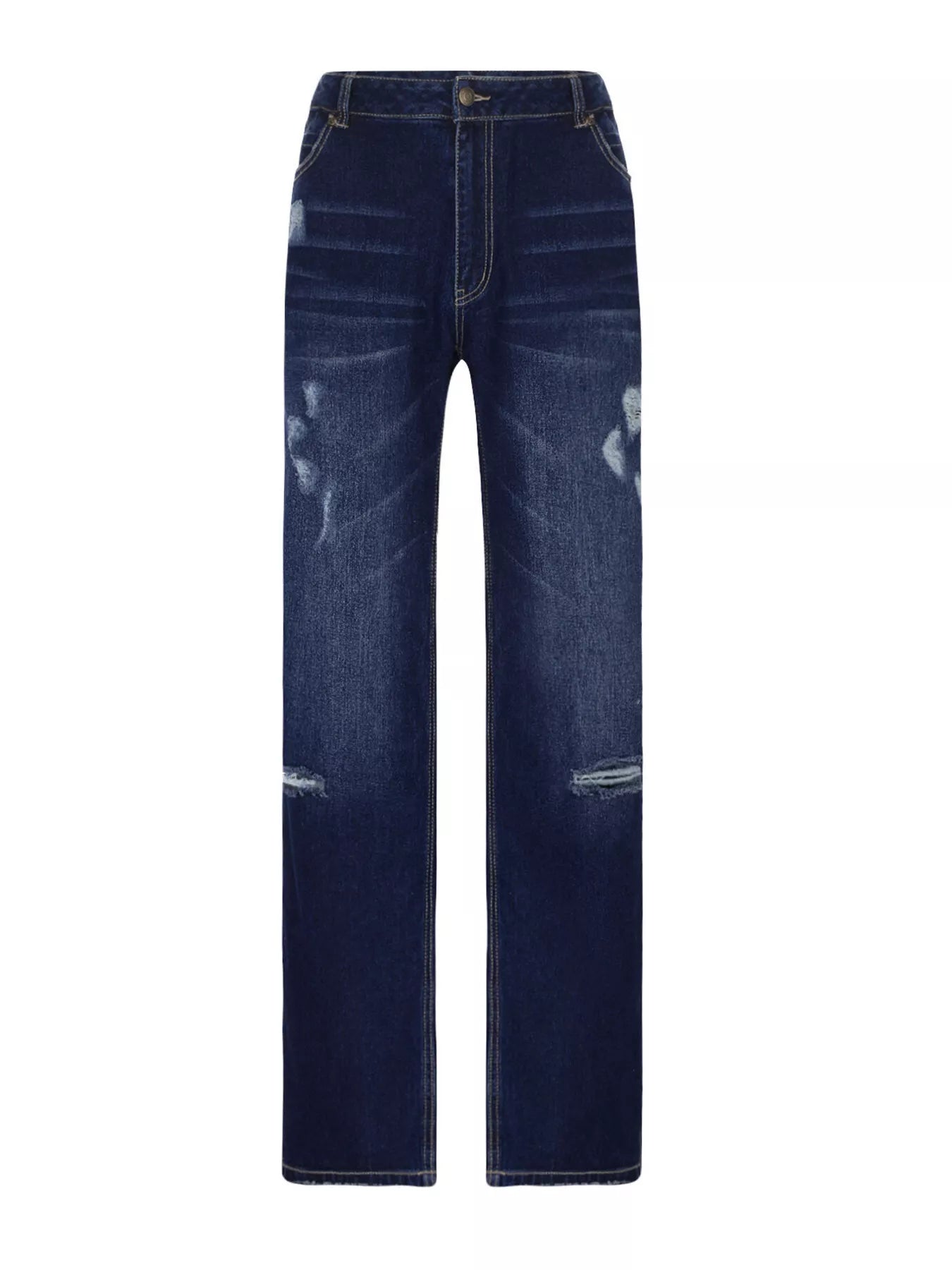 Distressed loose fit jeans in dark blue denim with ripped thighs and knees