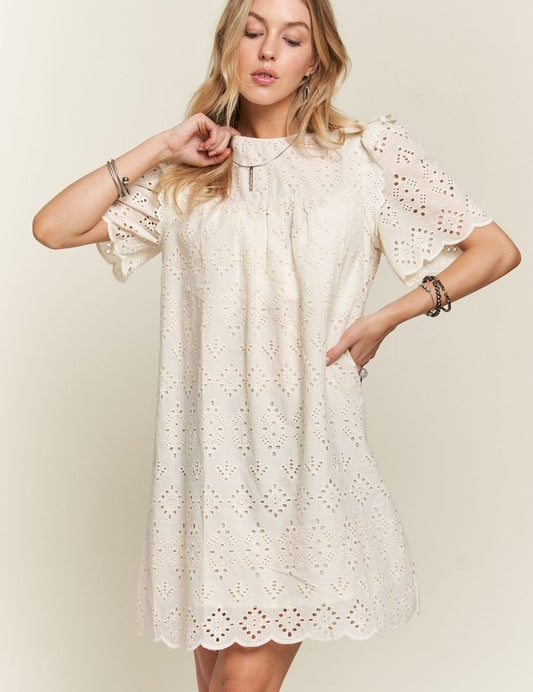 ADORA Ruffled Eyelet Round Neck Dress