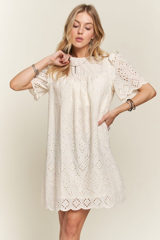 ADORA Ruffled Eyelet Round Neck Dress