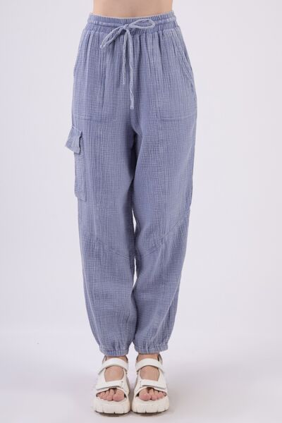 VERY J Washed Woven Crinkle Gauze Drawstring Cargo Pants Denim S