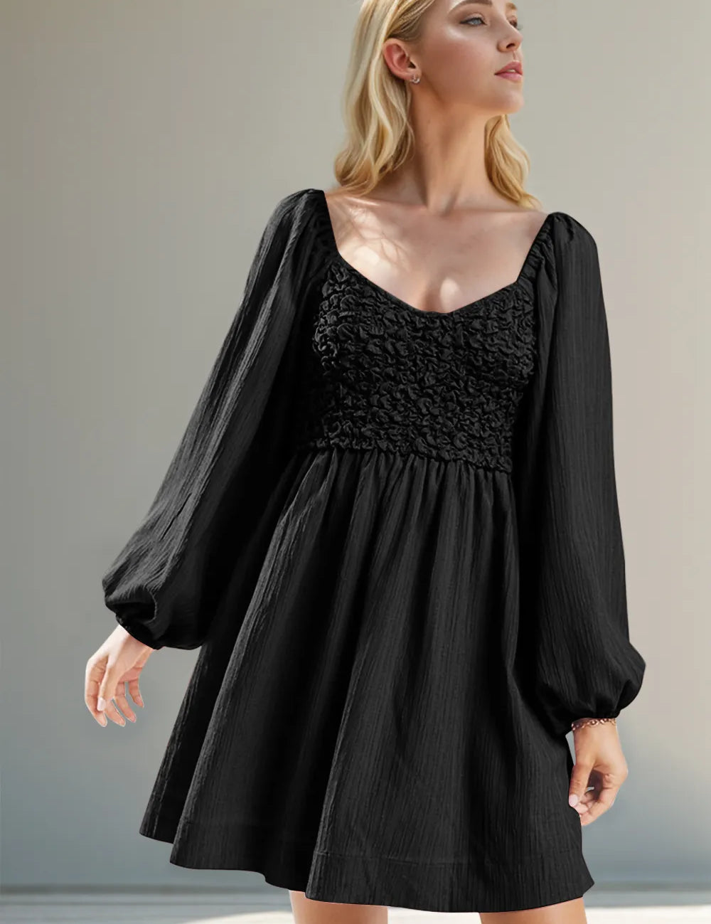 Black Double Take Texture Smocked Balloon Sleeve Mini Dress | Mini Dresses Daverri Fashions