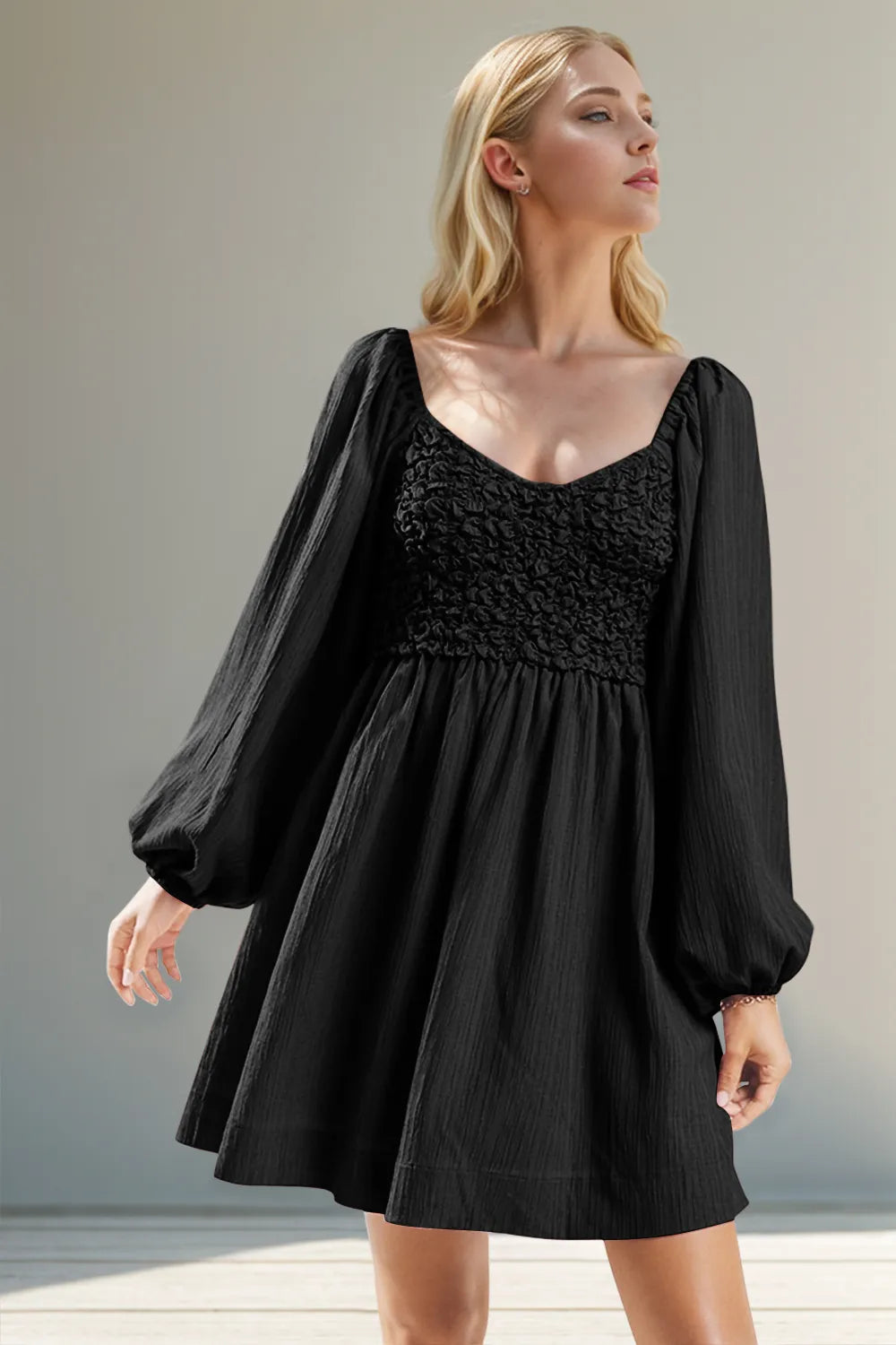 Black Double Take Texture Smocked Balloon Sleeve Mini Dress | Mini Dresses Daverri Fashions