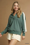 Umgee Contrast Long Sleeve Sweatshirt with Collar - DAVERRI FASHIONS