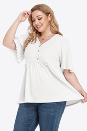 Plus size white button-front blouse with V-neck and ruffled hem