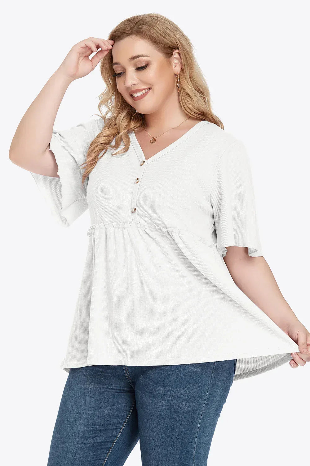 Plus Size Buttoned V-Neck Frill Trim Babydoll Blouse - DAVERRI FASHIONS