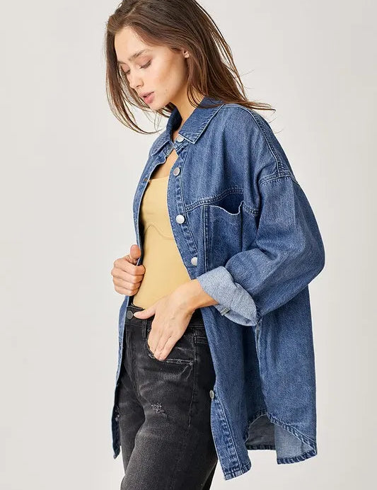 RISEN Button Up Drop Shoulder Denim Shacket | Shackets Daverri Fashions