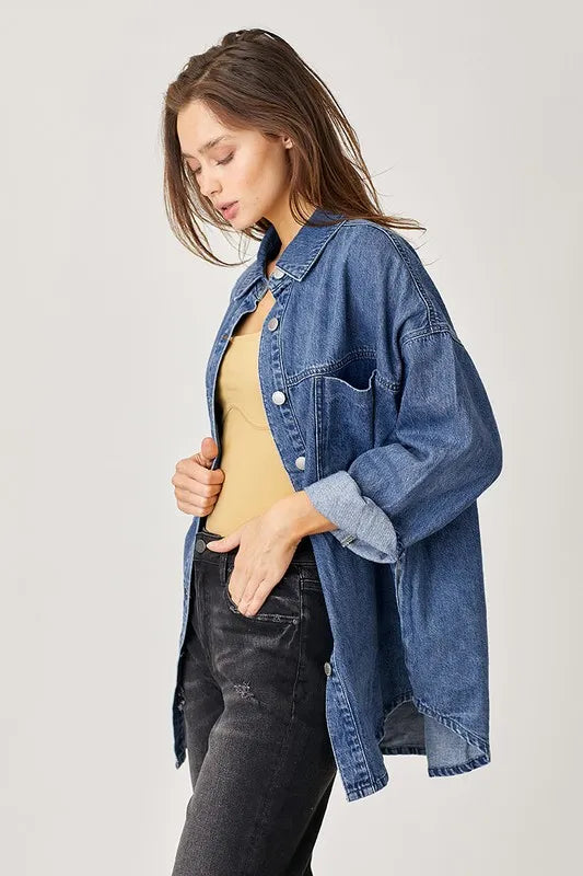 RISEN Button Up Drop Shoulder Denim Shacket Shackets