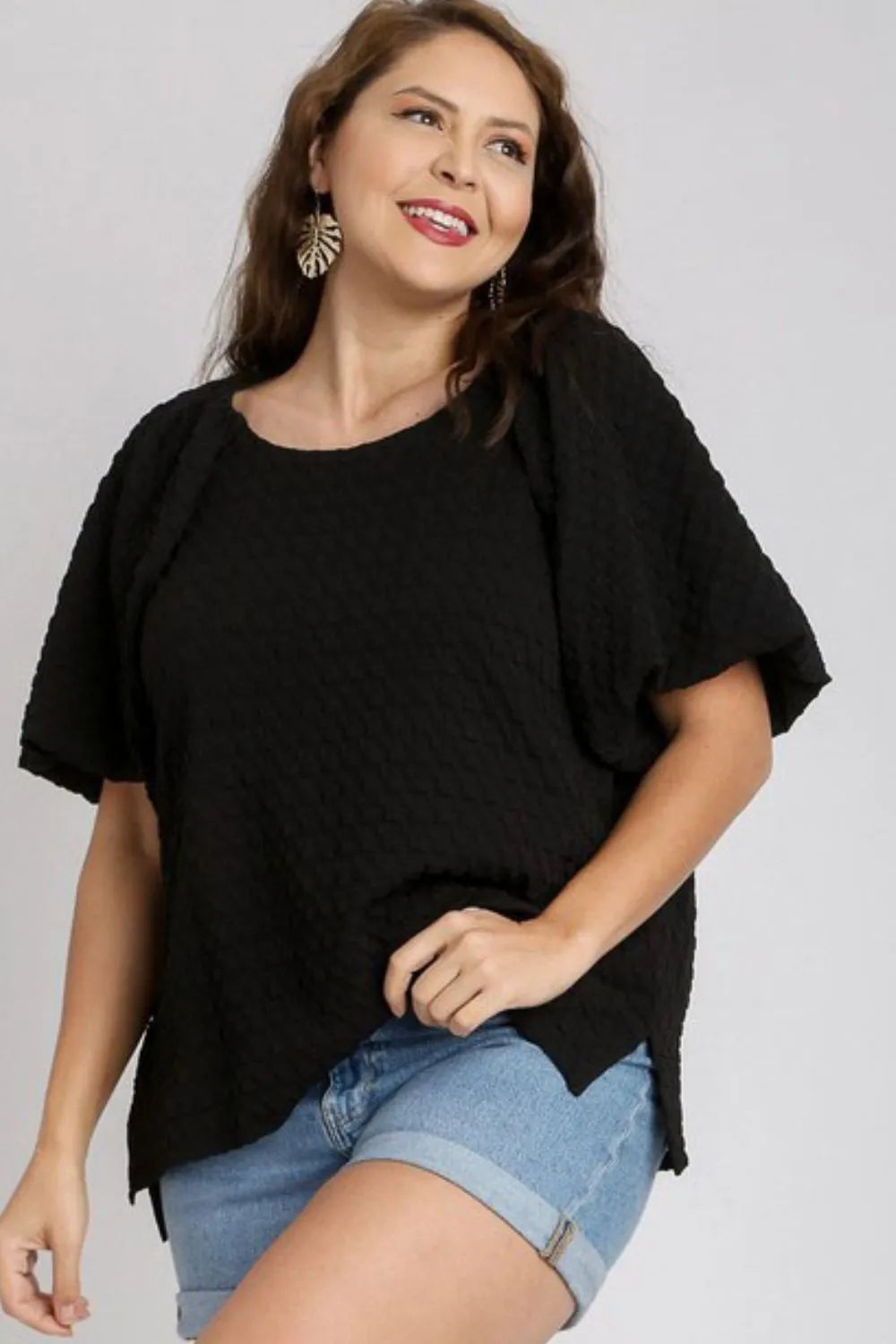 Umgee Boxy Cut Jacquard Round Neck Top with Side Slit | Tops Daverri Fashions