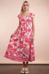 Very J Tropical Printed Midi Summer Boho Dress with pink leaf patterns