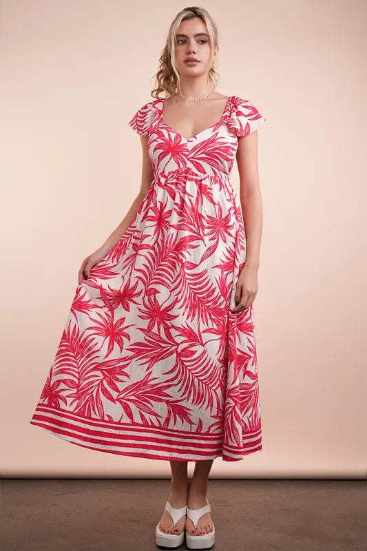 Very J Tropical Printed Midi Summer Boho Dress with pink leaf patterns