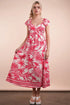 Very J Tropical Printed Midi Summer Boho Dress with pink leaf patterns