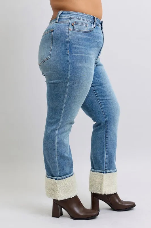 Judy Blue Full Size High Waist Shearling Cuff Straight Jeans