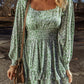 Green floral print ruffle hem square neck long sleeve mini dress