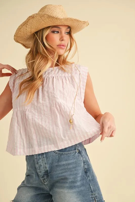 Aemi+Co Ruched Striped Round Neck Sleeveless Top Tops