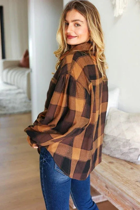 Rock'n Plaid Camel & Charcoal Button Down Oversized Shirt - DAVERRI FASHIONS